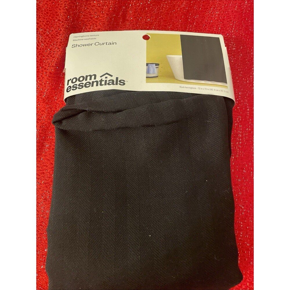 Room Essentials Shower Curtain 72x72 Black Herringbone Fabric OEKO-TEX New